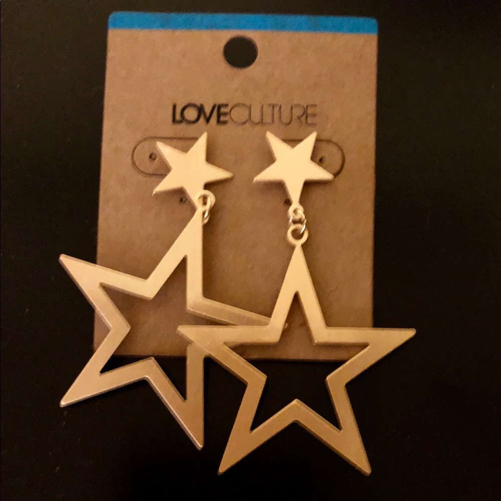 Large Gold Tone Cut Out Star Dangle Love Culture Statement Earrings